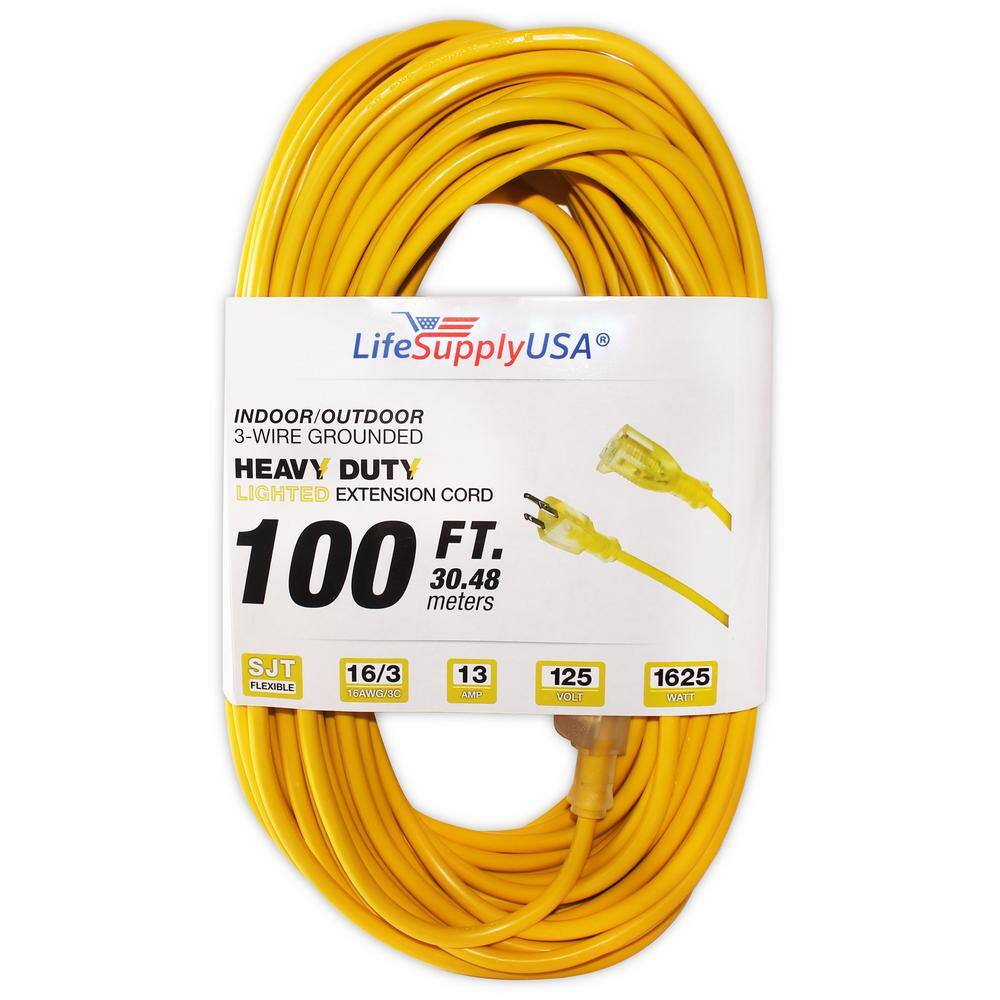 LifeSupplyUSA 100 ft. 163 SJT 13 Amp 125-Volt 1625-Watt Lighted End IndoorOutdoor Heavy-Duty Extension Cord (2-Pack) 2163100FT