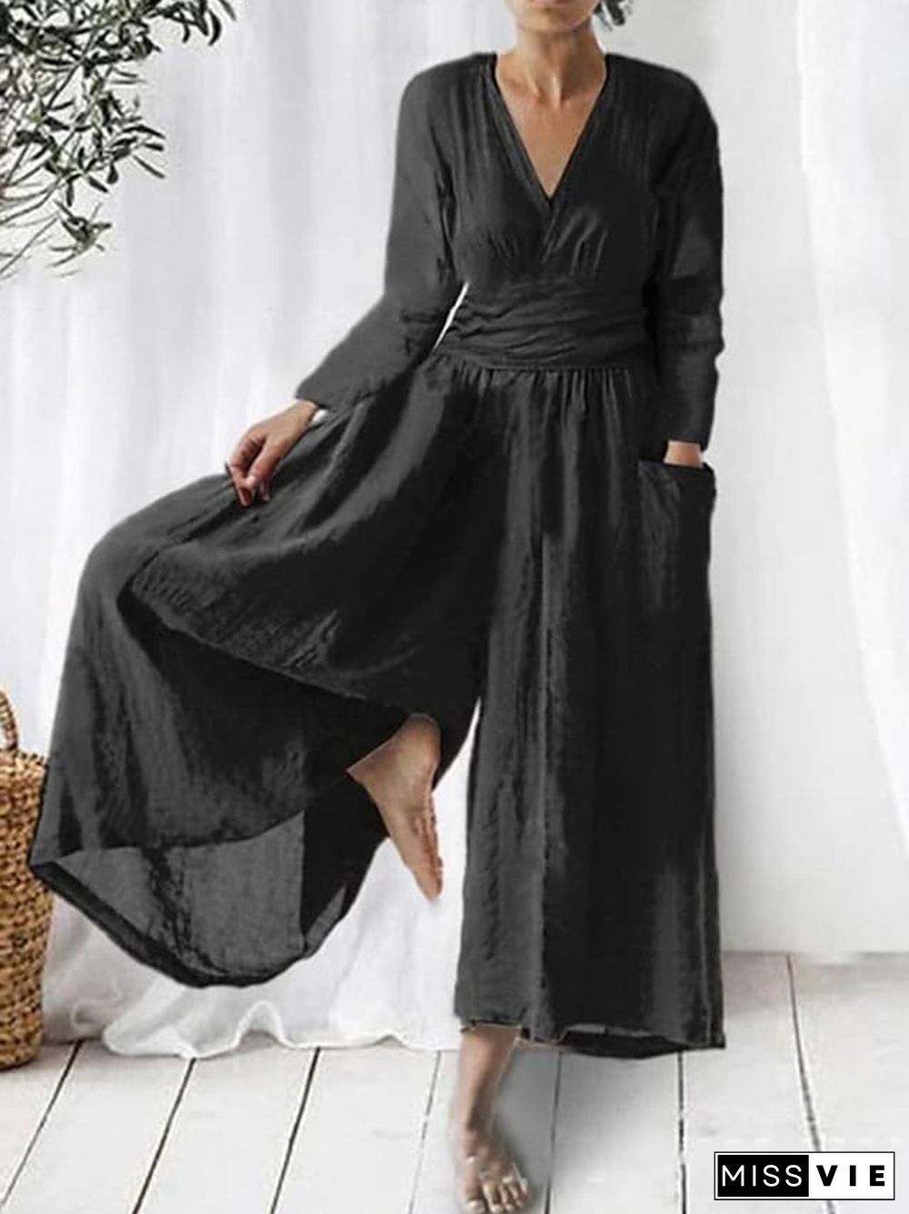 Elegant V Neck Wide Leg Flowy Jumpsuit