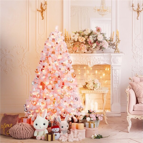 Yaheetech Prelit Flocked Artificial Christmas Tree Snow Frosted Christmas Tree，Pink