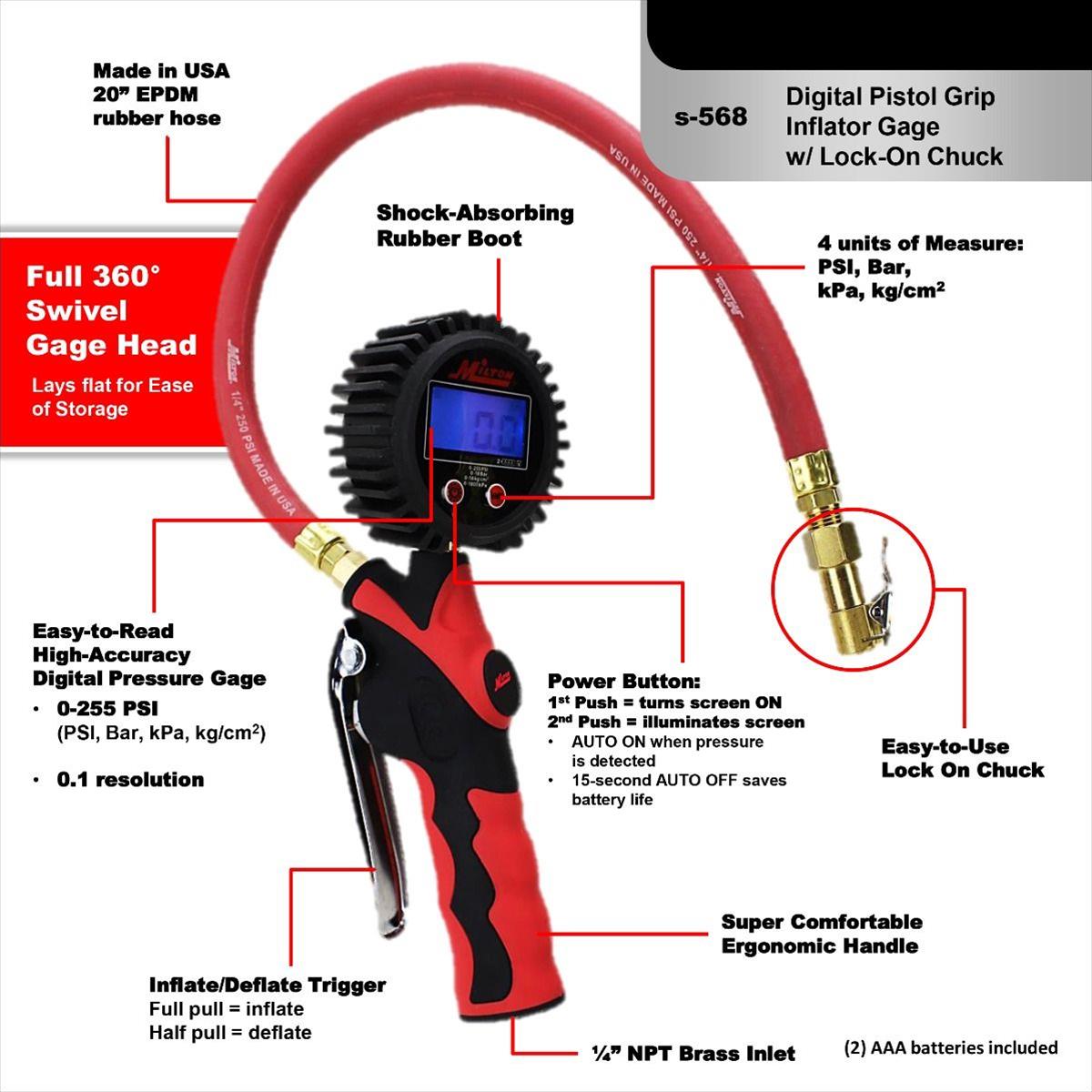 Milton Industries S-568 Milton Heavy-Duty Digital Tire Pressure Gauges with Inflators