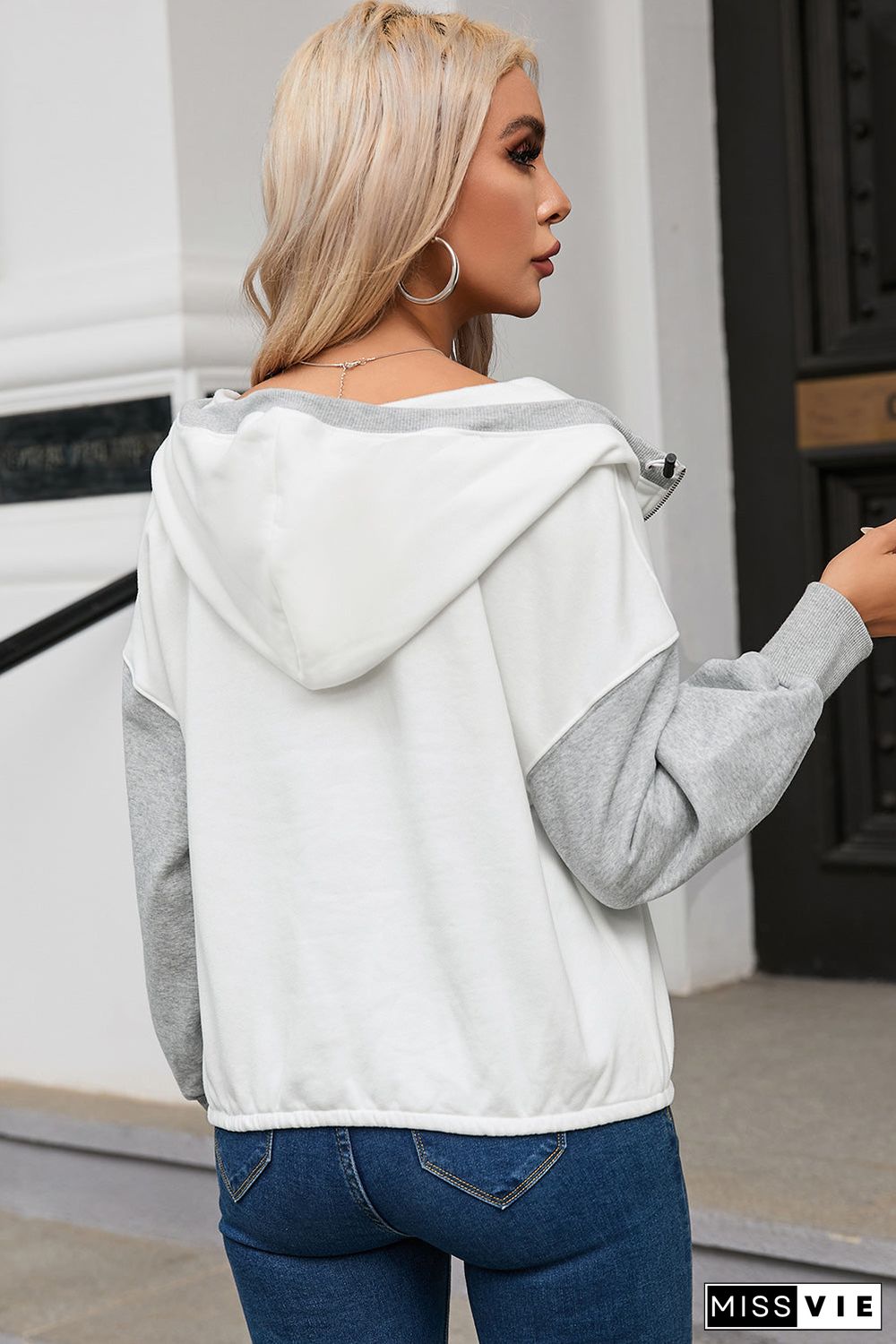 White Half Zipper Kangaroo Pocket Drop Shoulder Hoodie