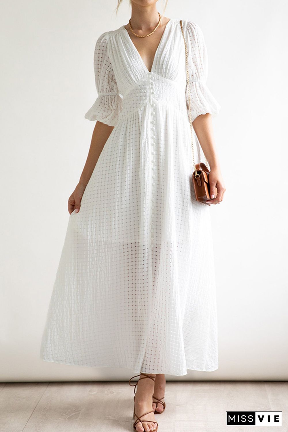 Eyelet Checked Button Up Long Split Dress