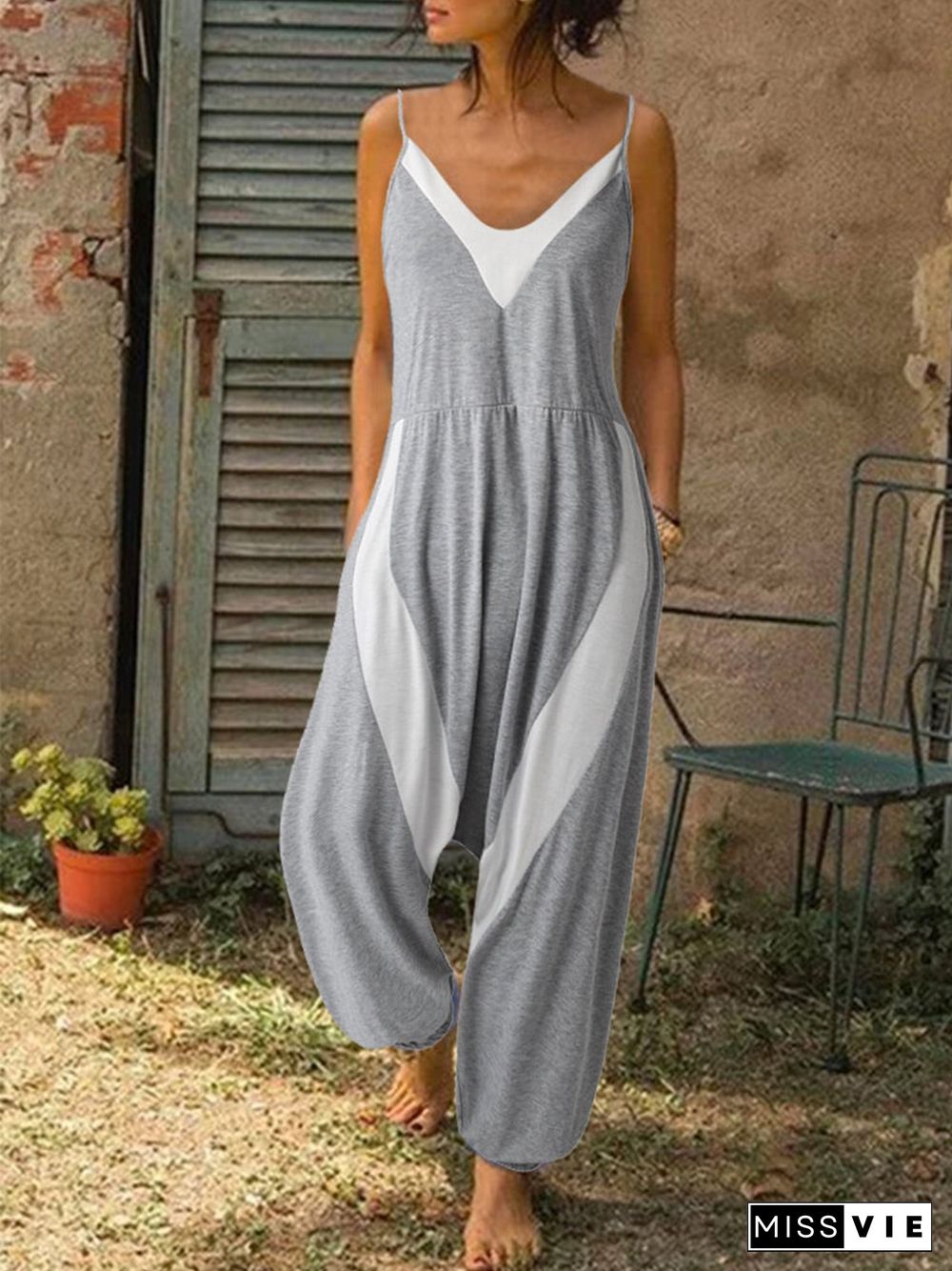 Gray Casual Shift Color-Block Solid Jumpsuit & Romper