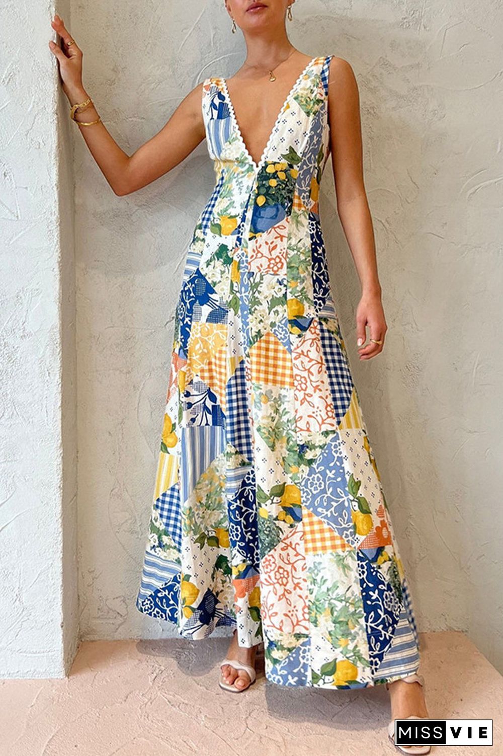 Casual Print V Neck Beach Dress Dresses