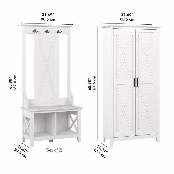 Bush Furniture Key West Entryway Storage Set with Hall Tree， Shoe Bench and Tall Cabinet in Pure White Oak