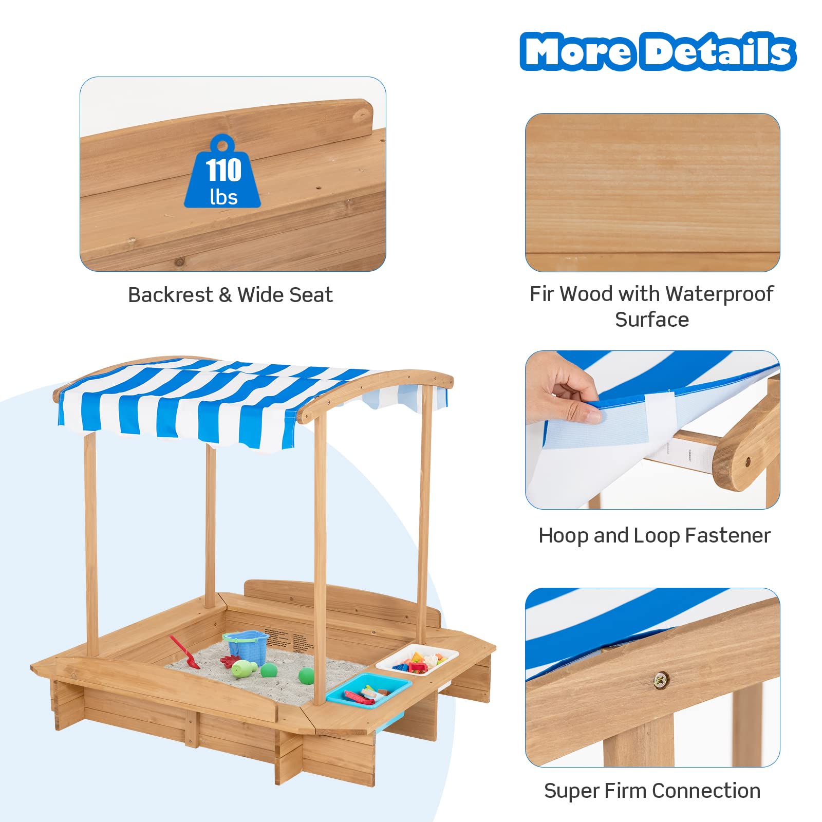 Costzon Kids Wooden Sandbox with Canopy & 2 Toy Storage Boxes