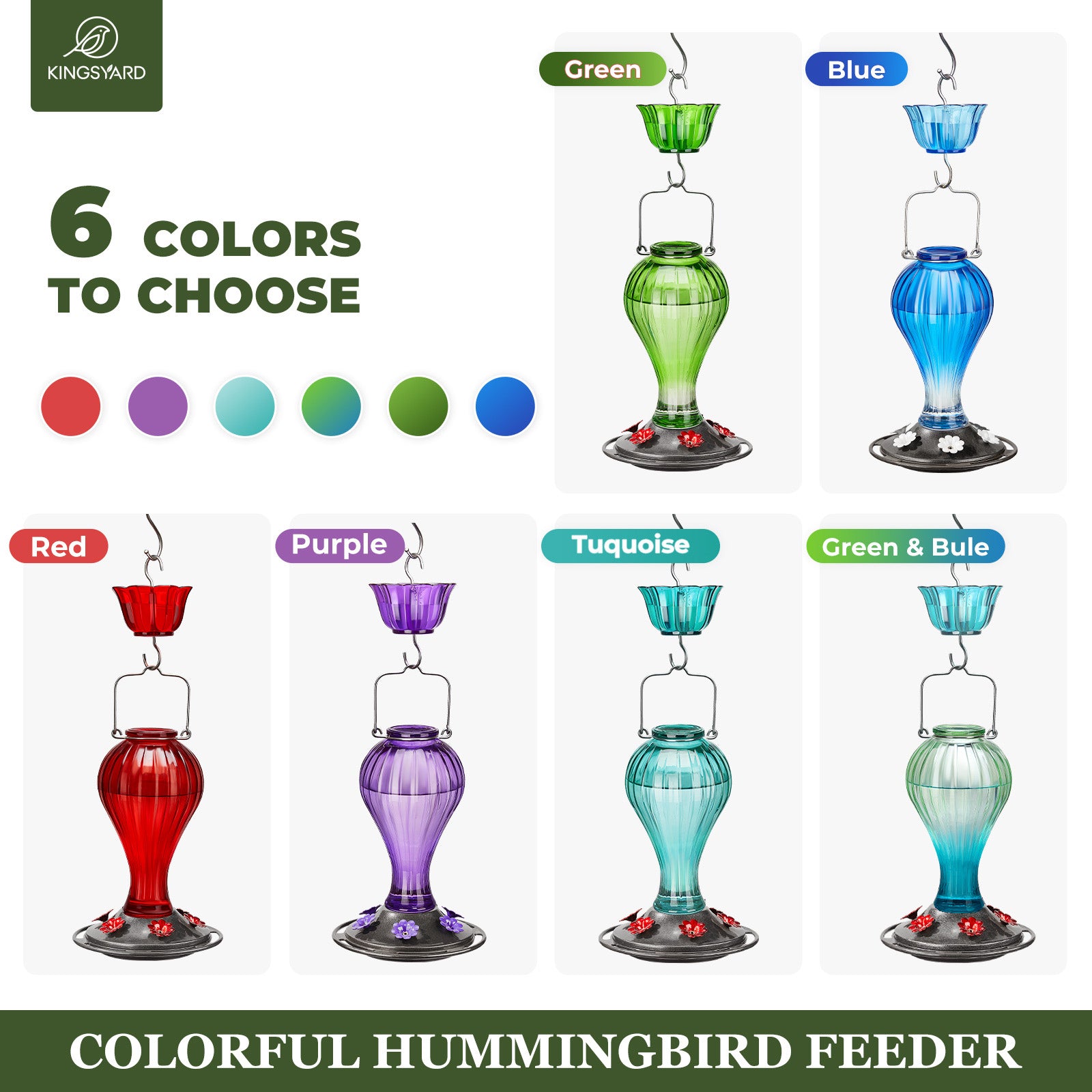 Kingsyard Glass Hummingbird Feeder 24 Ounces， 6 Feeding Ports， Hanging Bird Nectar Feeder for Outdoors Garden Yard Décor， Ant Moat Included， Turquoise