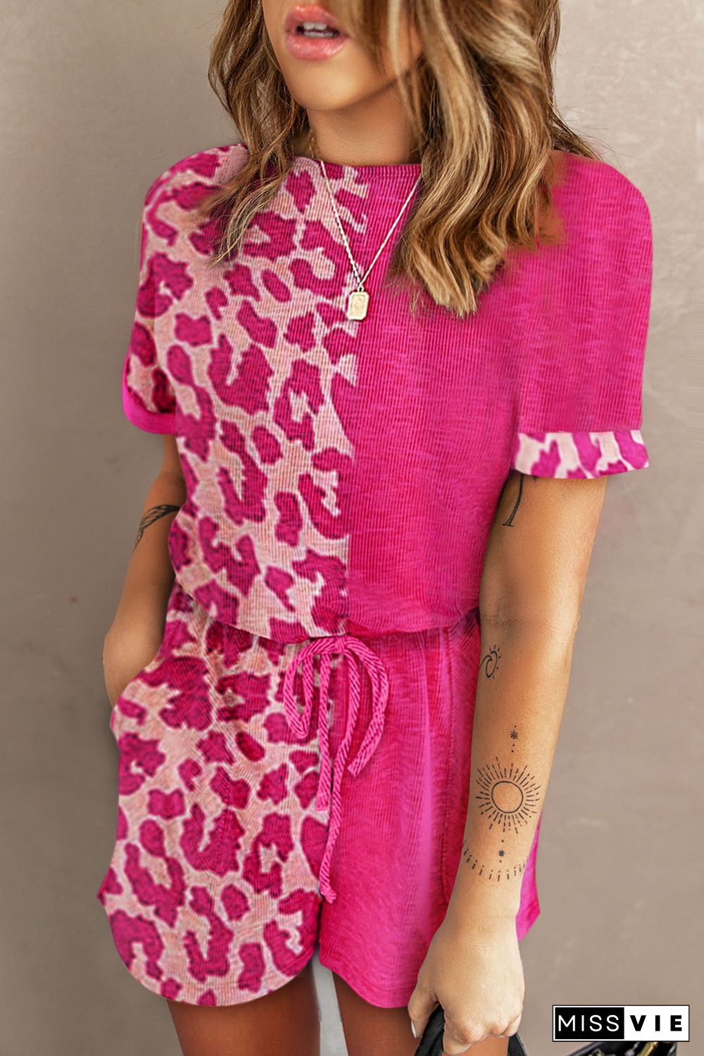 Pink Half Leopard Print Drawstring Knit Romper