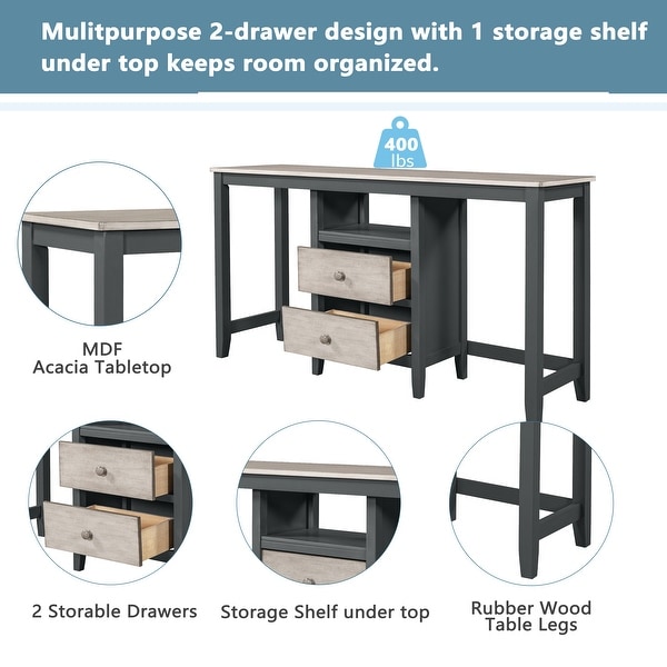 3piece Counter Height Wood Dining Table Set With Cabinet，2 Storage Drawers And 2 Stools