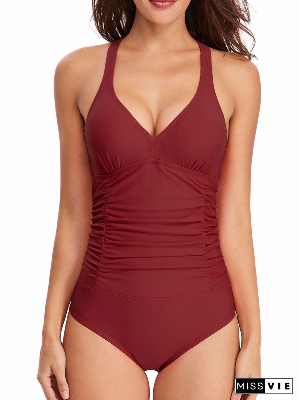 Women One Piece Swimsuits V-neck Cross Strap Ruched Swimwear