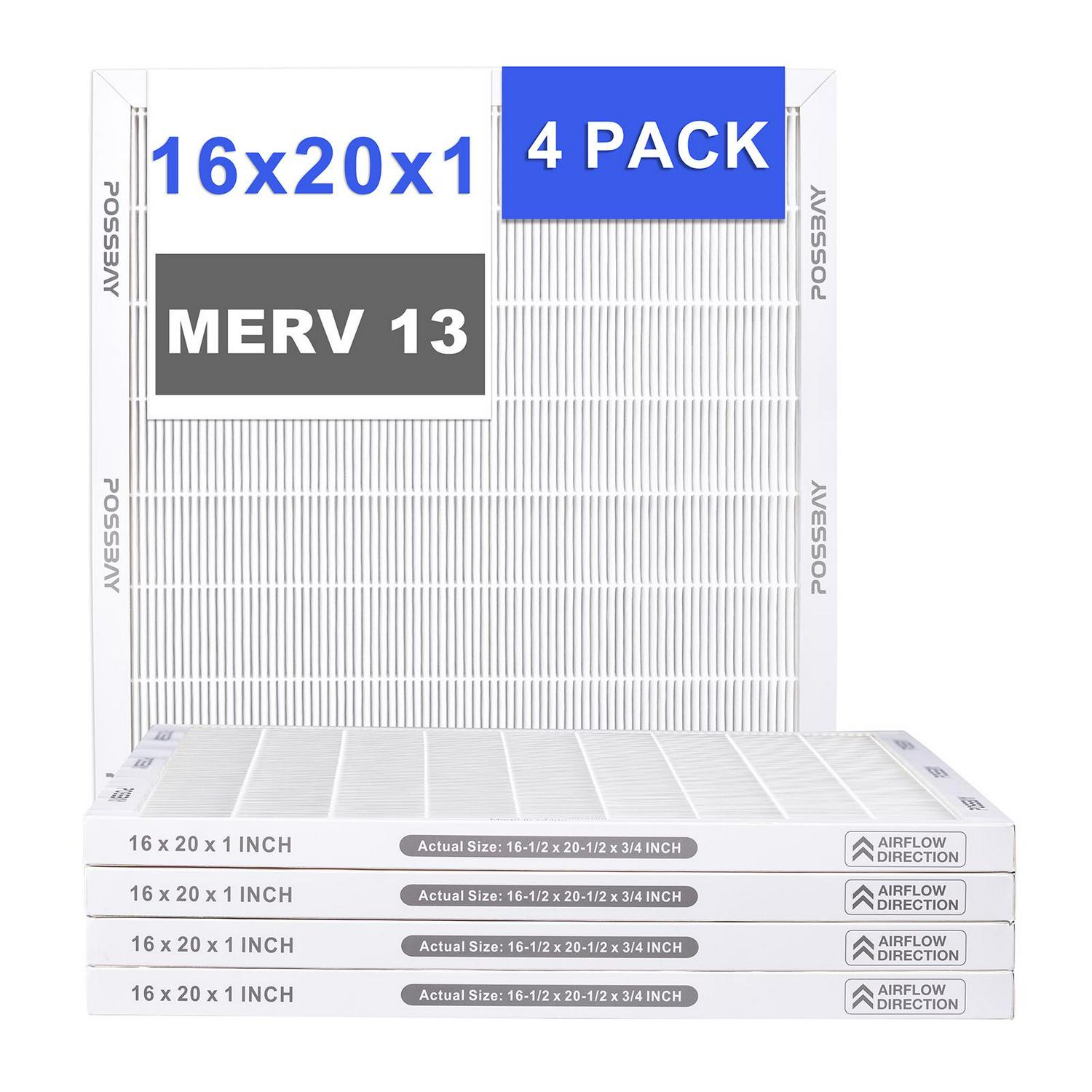 Possbay 16x20x1 MERV 13 Air Filter，4 Pack For AC Furnace Pleated Replacement HVAC System Reduce Dust