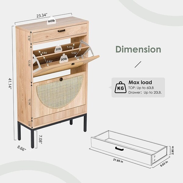 Slim Shoe Storage Cabinet Rack With 2 Flip Drawers and 1 Storage Drawer， - - 37593871