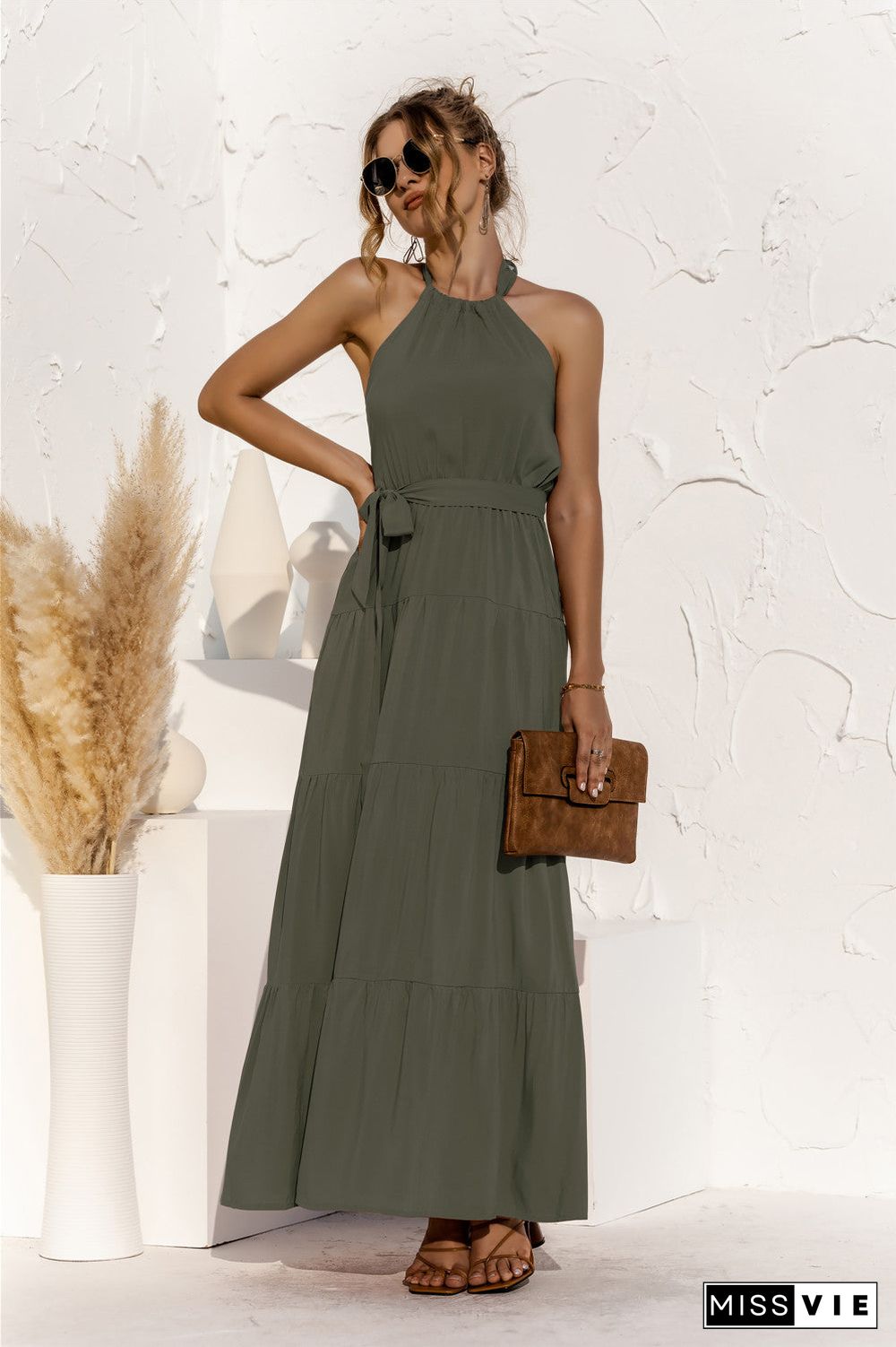 Tie Waist Round-Neck Spaghetti Strap Backless Maxi Dress