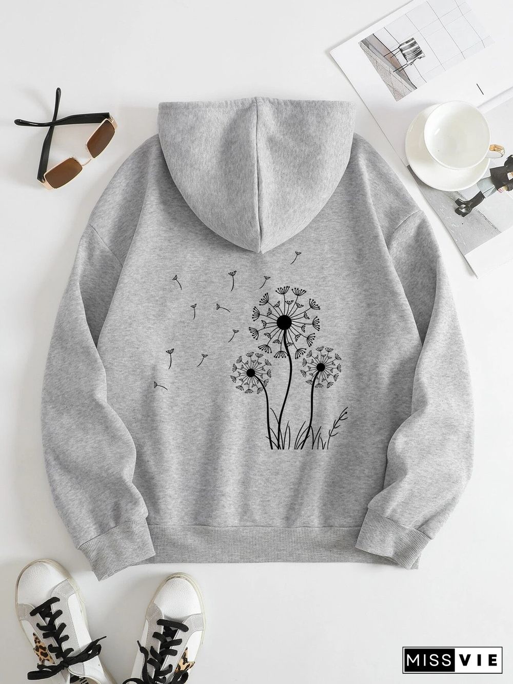 Printed on the Back Kangaroo Pocket Hoodie Long Sleeve for Women Pattern Dandelion