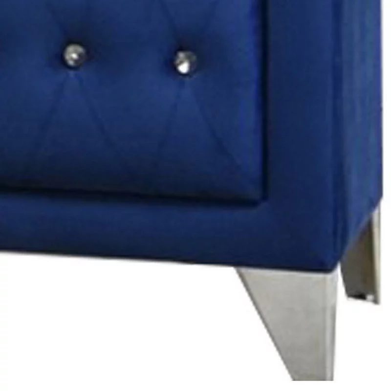 Velvet Upholstered 2 Drawer Wooden Nightstand with Faux Crustal Knobs， Blue