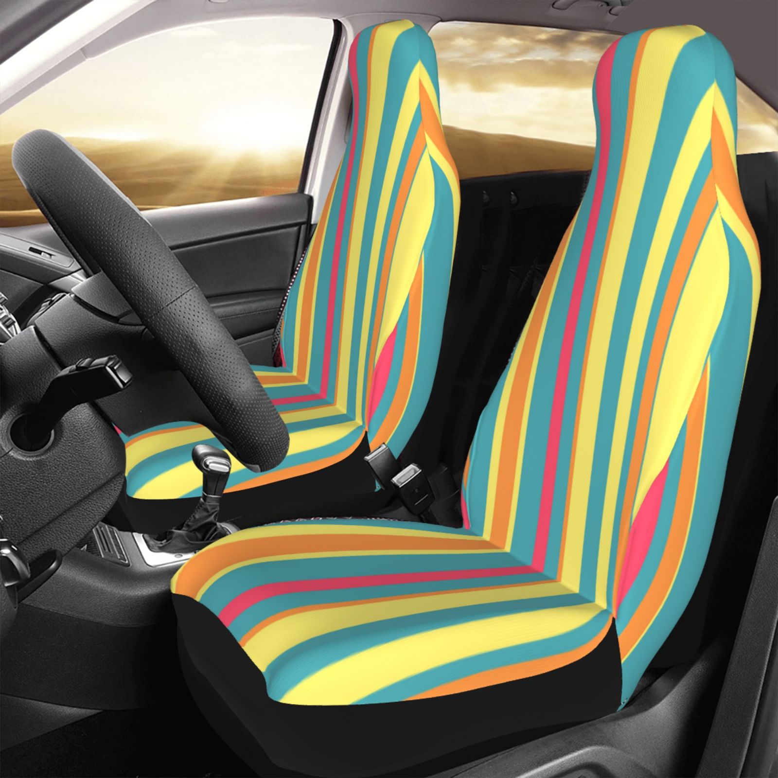 TEQUAN Front Seat Covers， Geometric Red Blue Lines Pattern 2 Piece Car Seat Cover Fit Most Car SUV Truck Van