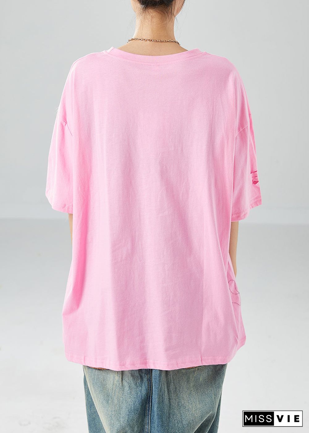 Plus Size Pink Oversized Print Hollow Out Cotton Top Summer