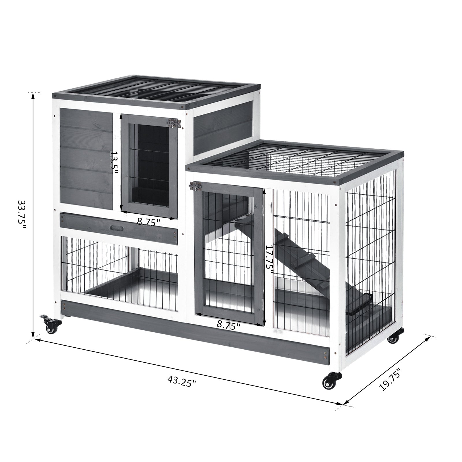 PawHut Wooden Indoor Rabbit Hutch Elevated Bunny Cage with Enclosed Run W/Wheel