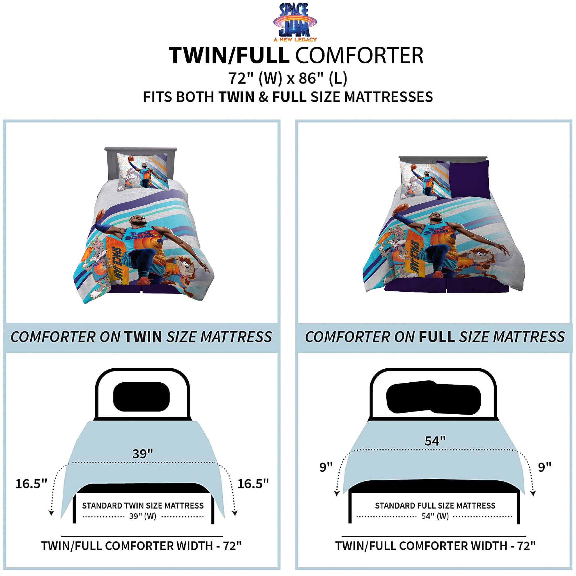 Space Jam Kids Comforter and Sham， 2-Piece Set， Twin/Full， Reversible， Blue， Warner Bros