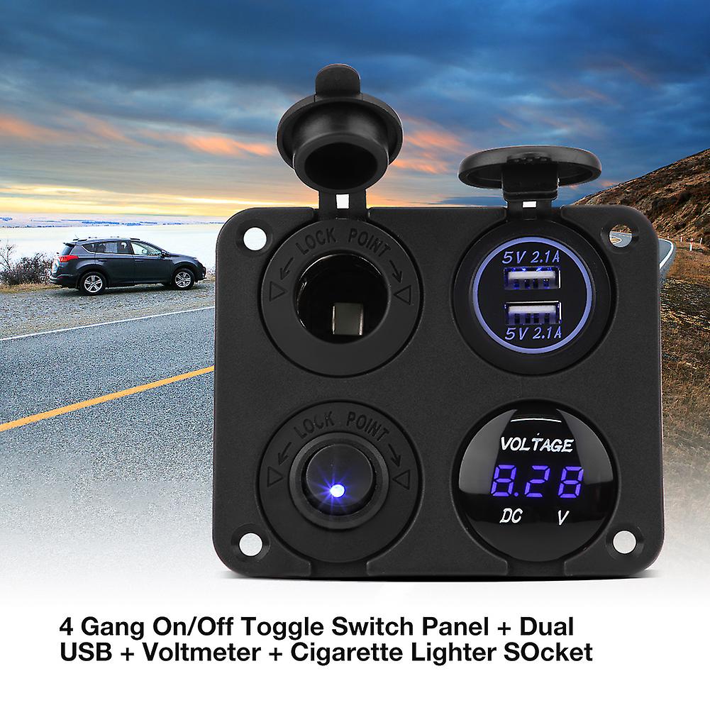 4 Gang On/off Toggle Switch Panel Dual Usb Charger Cigarette Lighter Socket Voltmeter Blue Led