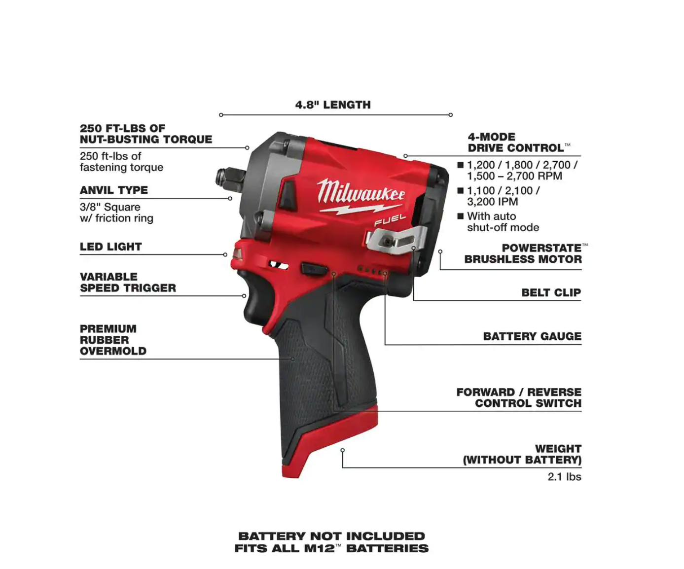 Milwaukee 2554-20-2560-20 M12 FUEL 12V Lithium-Ion Brushless Cordless Stubby 3/8 in. Impact Wrench with 3/8 in. Extended Reach Ratchet