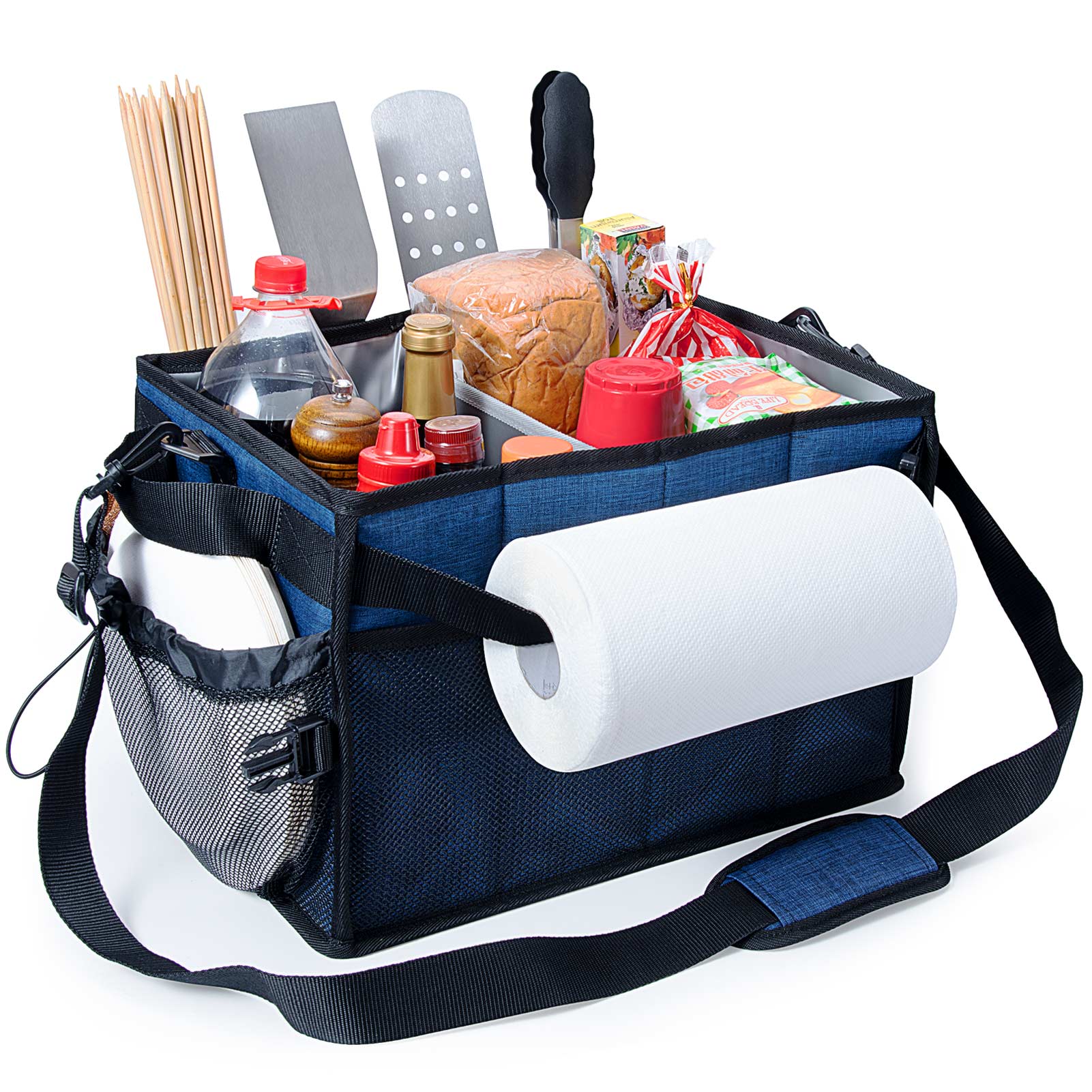 FANGSUN  Large Grill and Picnic Caddy with Paper Towel Holder， BBQ Organizer for Utensil， Plate， Condiment， Collapsible and Easy Carry Griddle Caddy， Must Haves for Outdoor， Camper， Travel， Car， RV