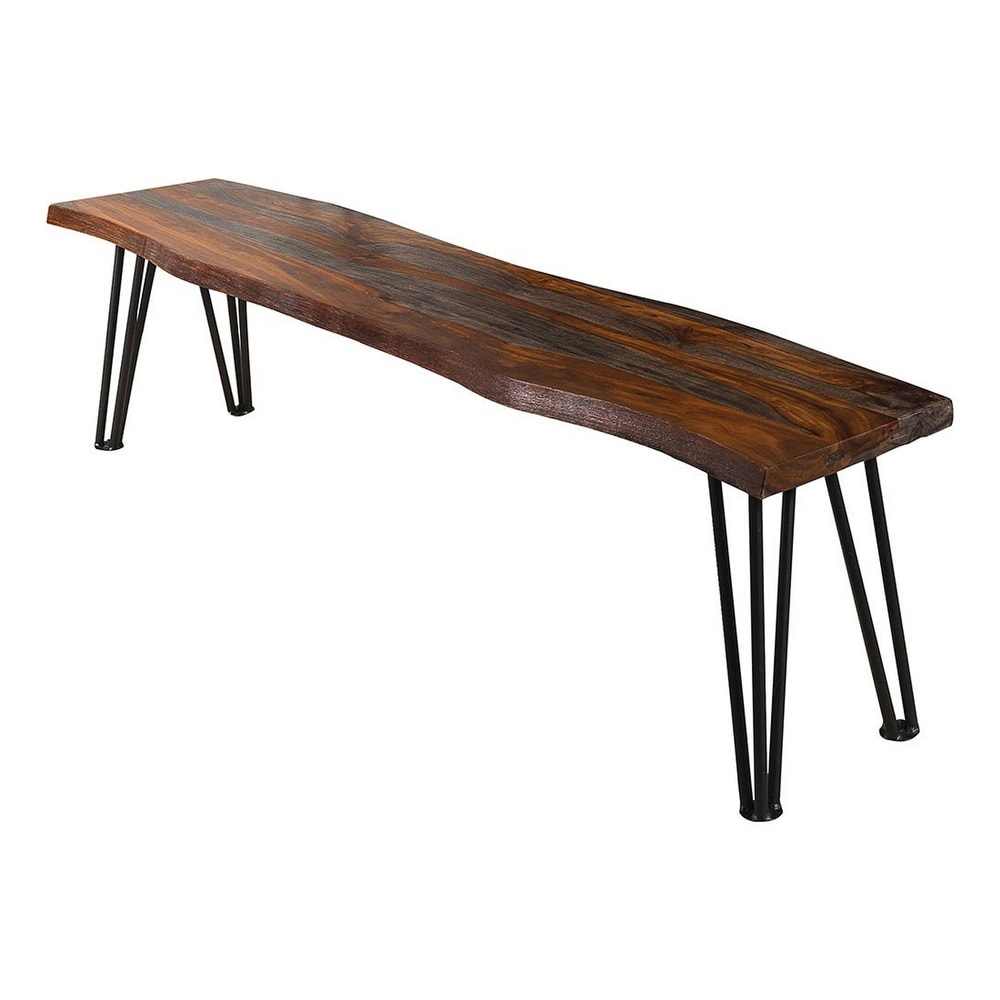 Moka 70 Inch Dining Bench  Live Edge Gray Sheesham Wood  Metal Hairpin Legs