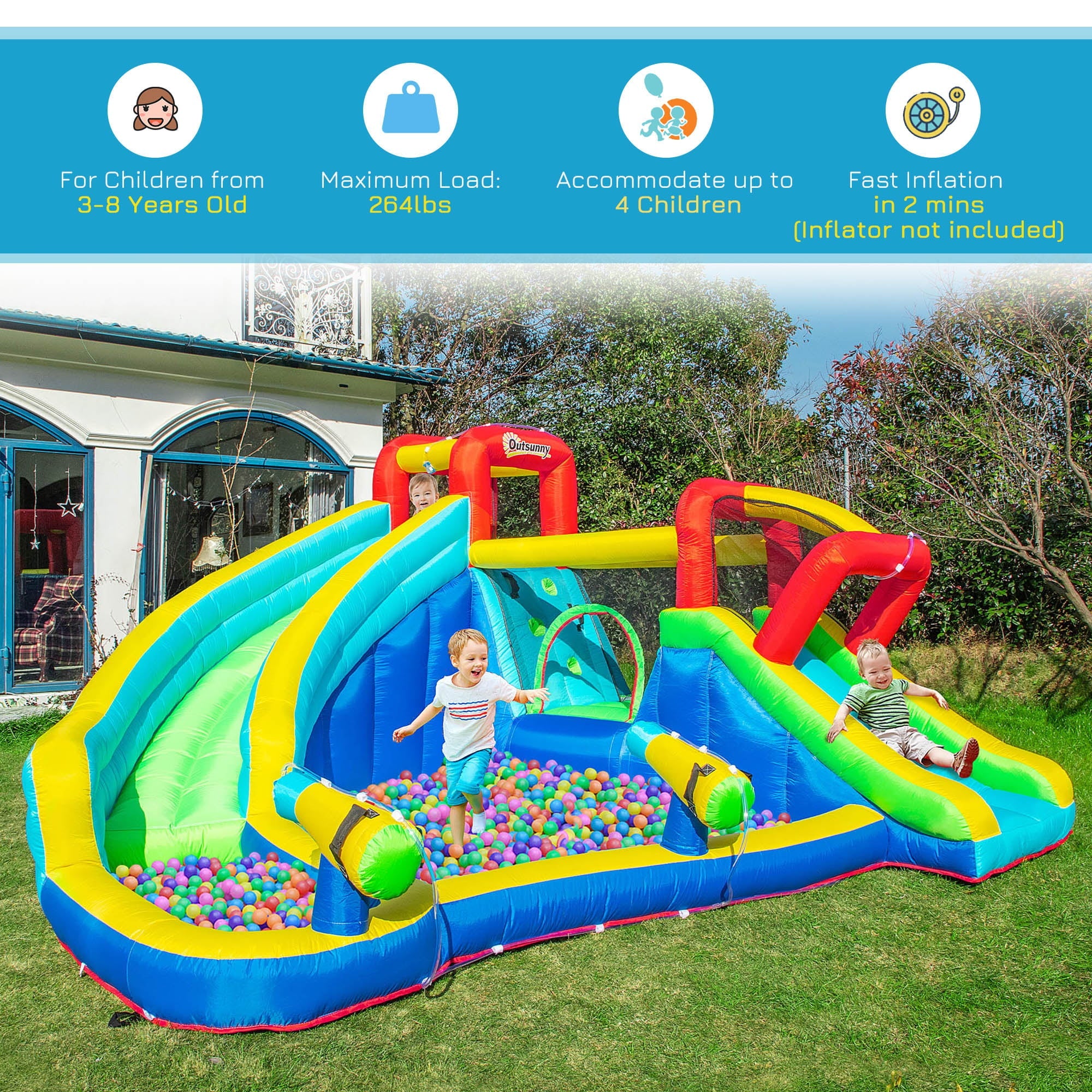 Outsunny 5-in-1 Water Slide Kids Inflatable Bounce House Water Park Jumping Castle Includes Trampoline Slide Water Pool Cannon Climbing Wall with Carry Bag, Repair Patches without Air Blower