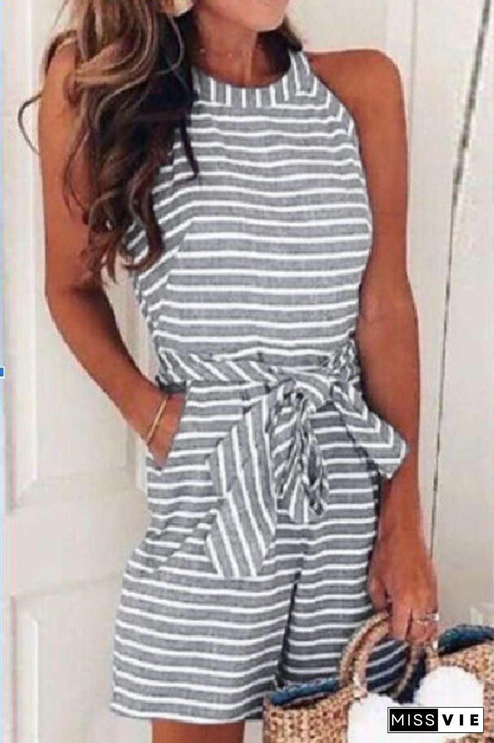 Striped O-Neck Tie Skinny Jumpsuit