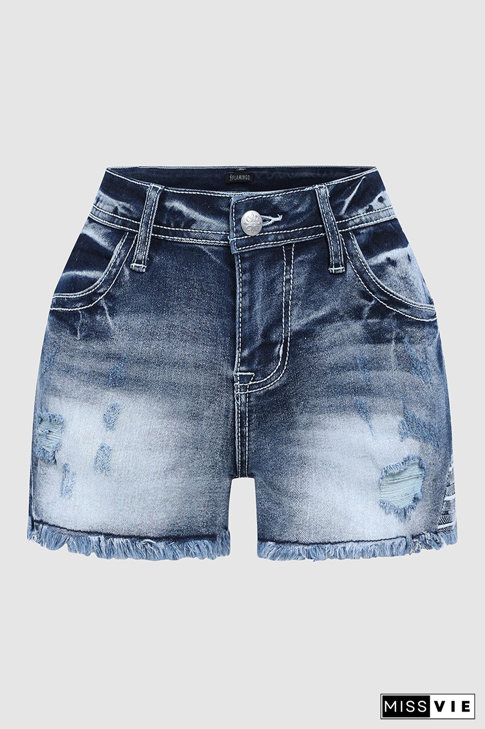 Star & Striped Embroidered Ripped Raw Hem Denim Shorts