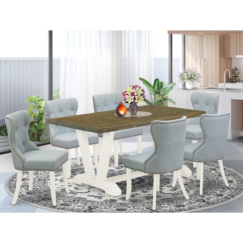 East West Furniture Dining Set  a Dining Table and Baby Blue Linen Fabric Parson Chairs  Linen White(Pieces Options)