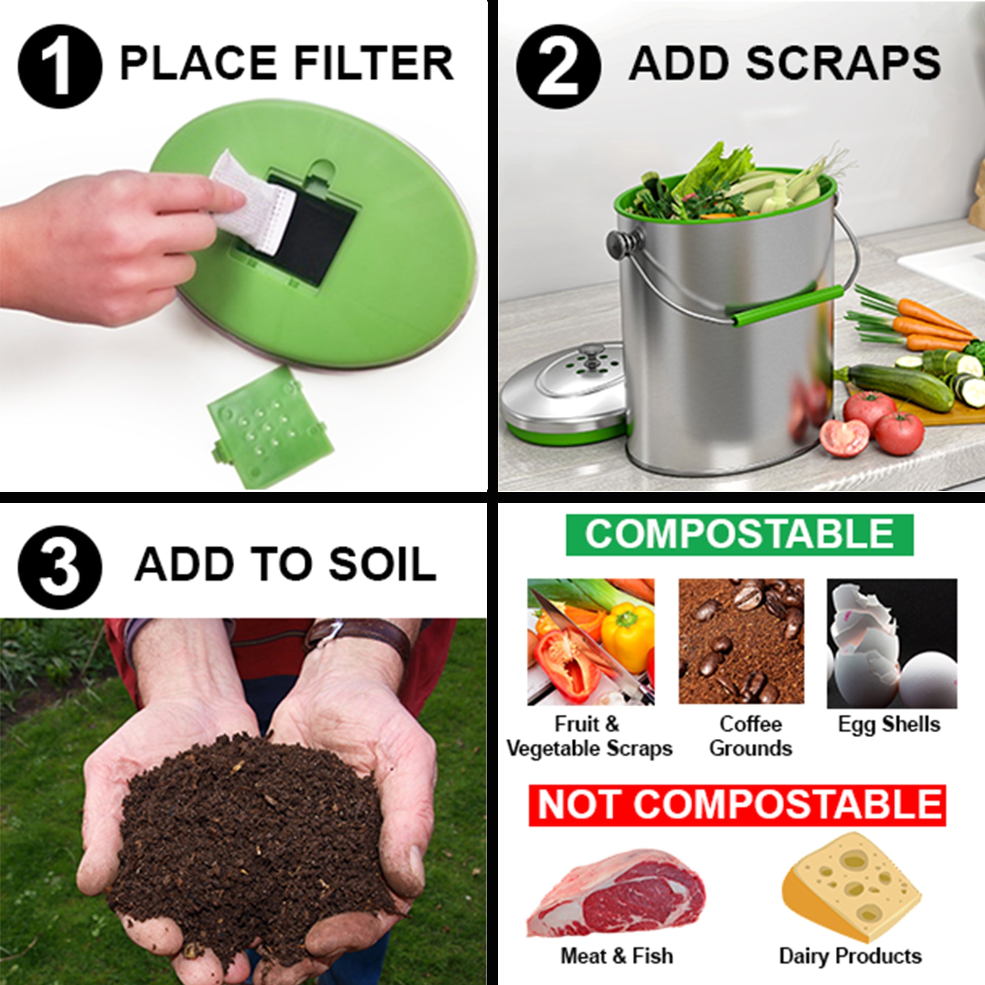 iTouchless Titanium 1.6 Gallon Oval Compost Bin with AbsorbX Odor Filter System, Countertop Trash Can