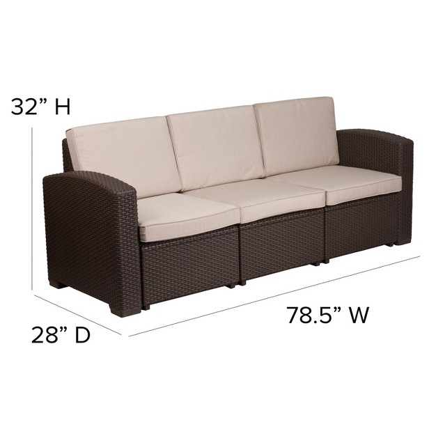 Flash Furniture Chocolate Brown Faux Rattan Sofa With All weather Beige Cushions