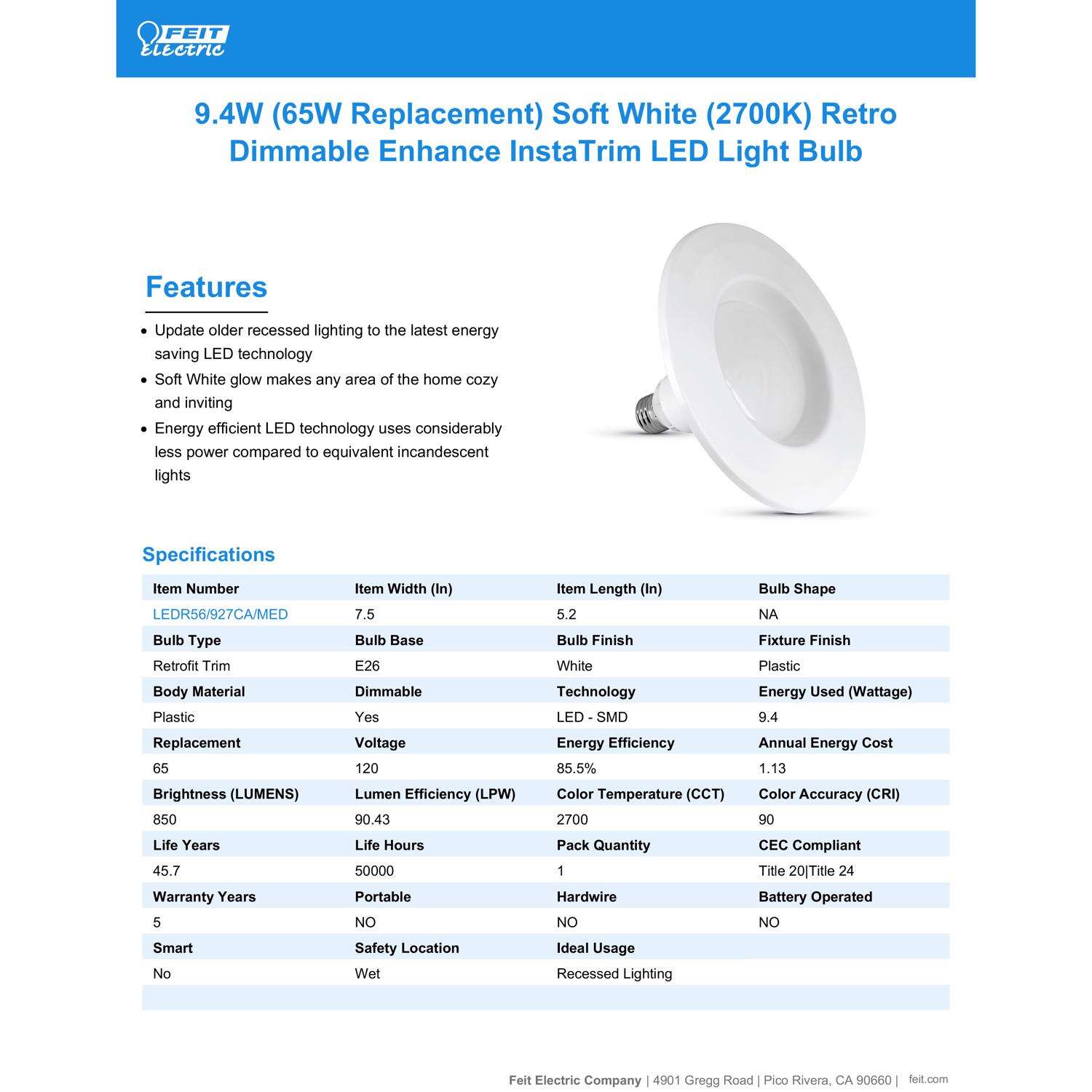 Feit Enhance PAR30 E26 (Medium) LED Bulb Soft White 65 Watt Equivalence 1 pk