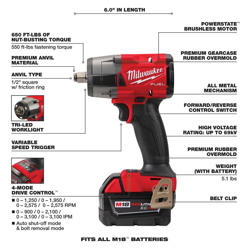 MW M18 FUEL Gen-2 18V Lithium-Ion Brushless Cordless Mid Torque 12 in. Impact Wrench with (1) 5.0 Ah Battery 2962-20-48-11-1850