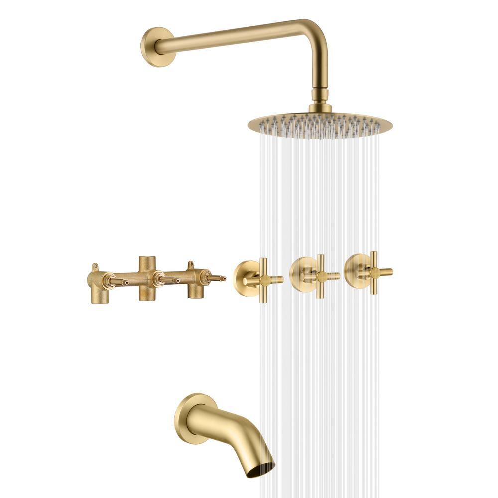 SUMERAIN Classical Triple Handles 1-Spray Tub and Shower Faucet Flow rate 7.92 GPM in Brushed Gold (Valve Included) S3231BGI-HD