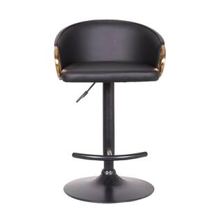 Armen Living Solstice Adjustable Black Faux Leather Swivel Barrstool With Black Powder Coated Finish and Gold Accents LCSCBABLBL