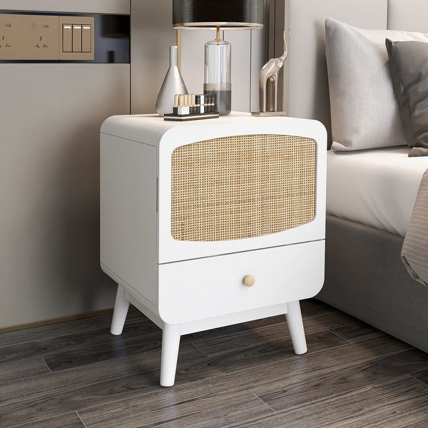 White Nightstand， Bedside Table with Storage Drawe Rattan Door