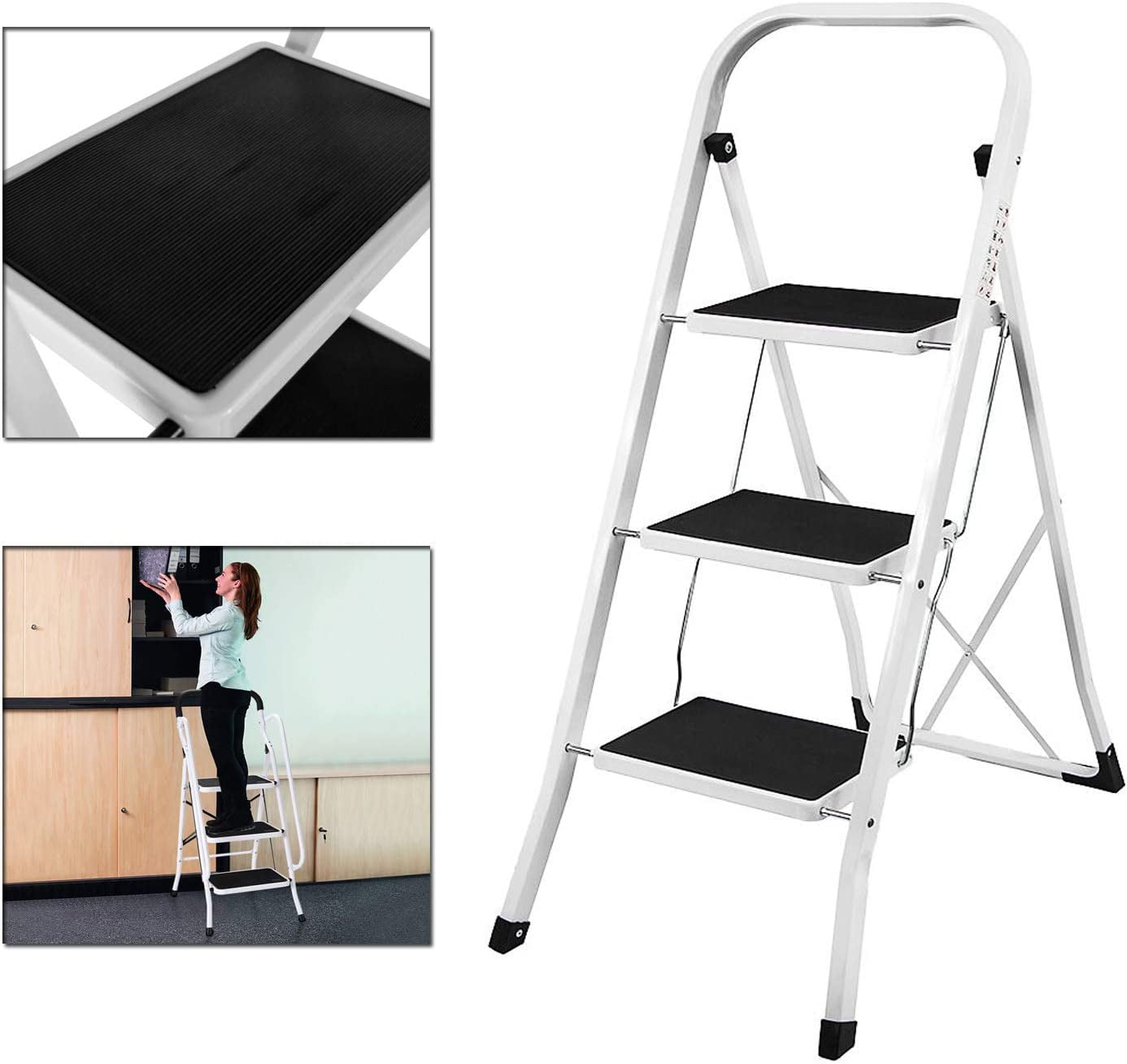 Bowoshen 3 Step Ladder, Heavy Duty Steel, Folding, Portable Kitchen Stool with Anti-Slip Mat