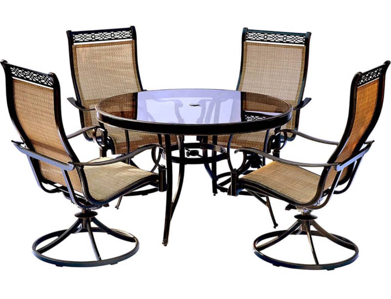 Hanover Monaco 5-Piece Outdoor Dining Set In Tan/Bronze With 4 Sling Swivel Rockers， 48 Glass-Top Round Table