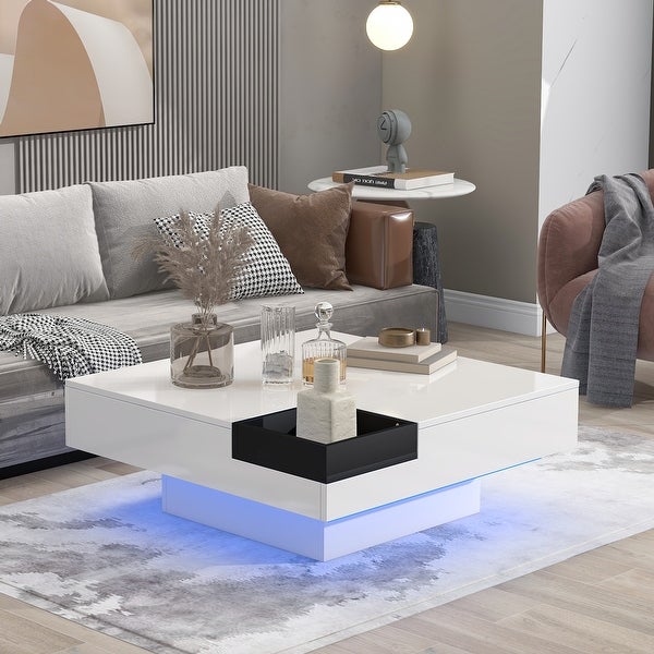 Modern Square Coffee Table with Plug-in 16-color LED Strip Lights