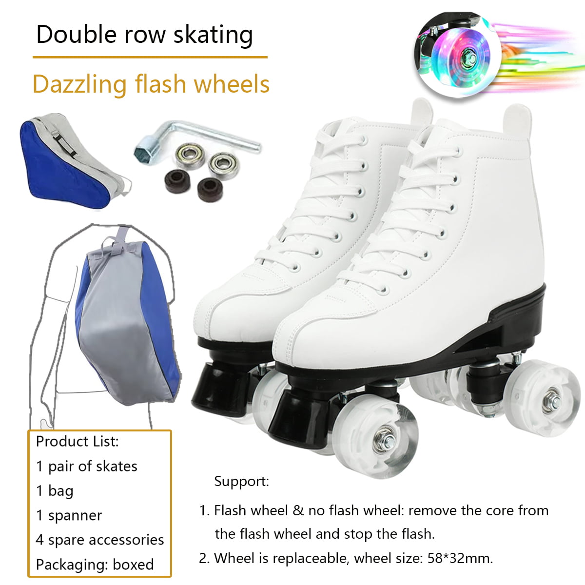 Classic White Roller Skates High-Top Adult Roller Skates Double-Row Shiny Wheels Shoes for Men Women Professional Outdoor and Indoor Skates， 7