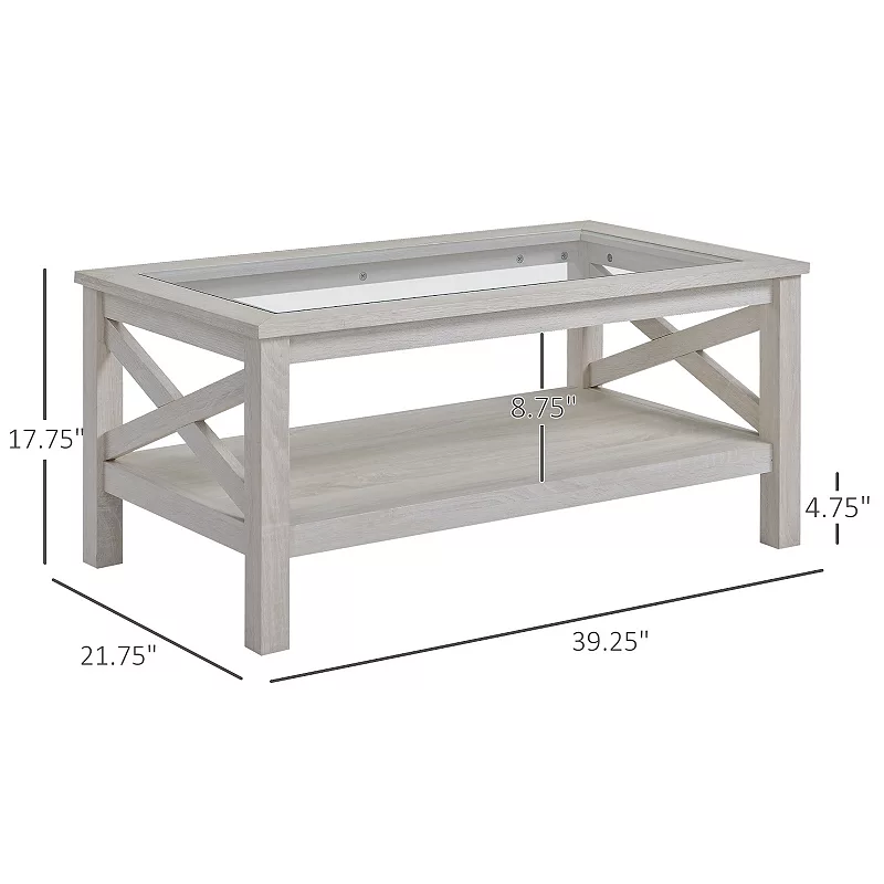 HOMCOM Traditional Coffee Table w/Wood Frame， Tempered Glass Tabletop， White Oak