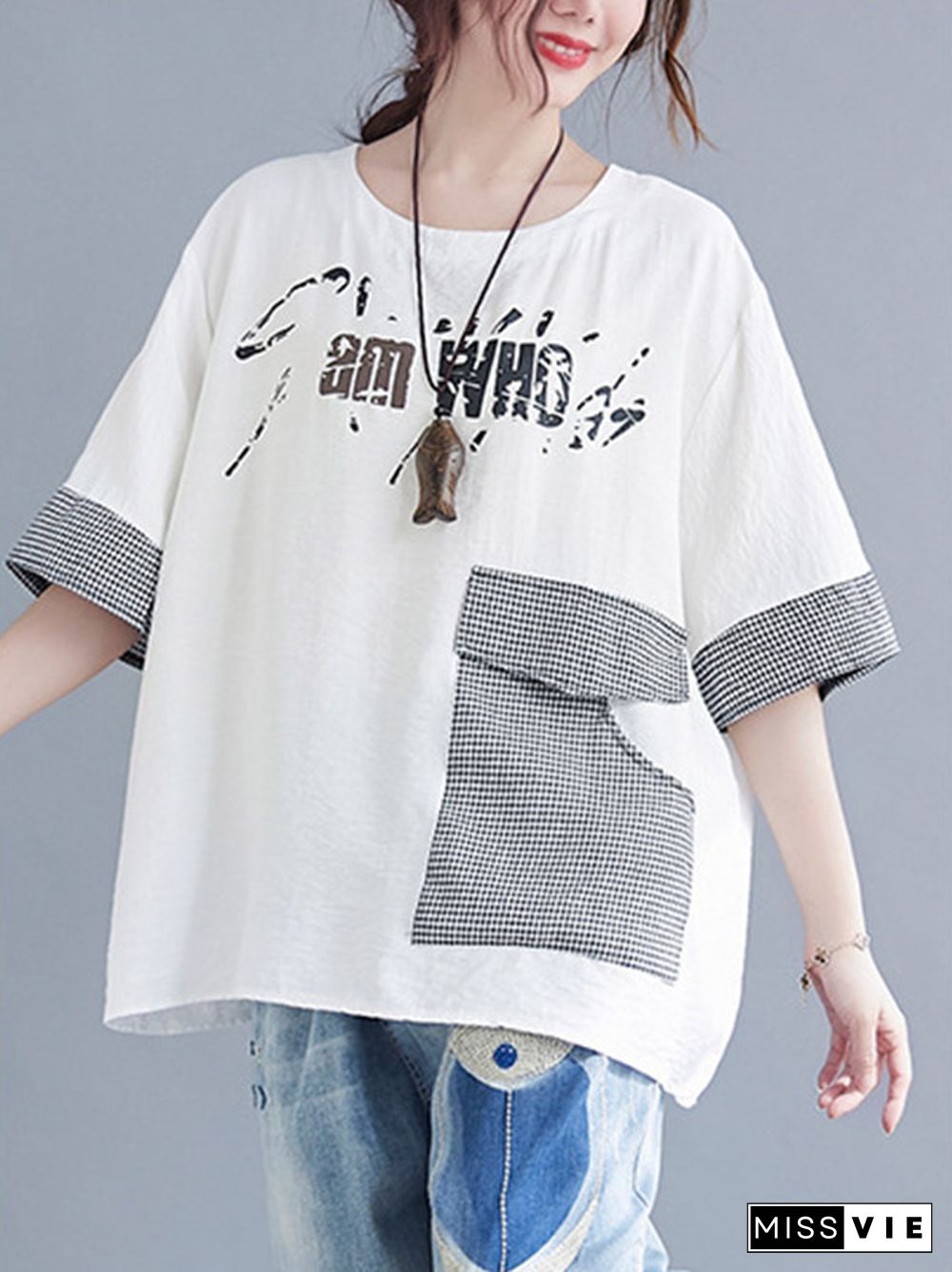 Original Letter Print Split-Joint Round-Neck T-Shirts Tops