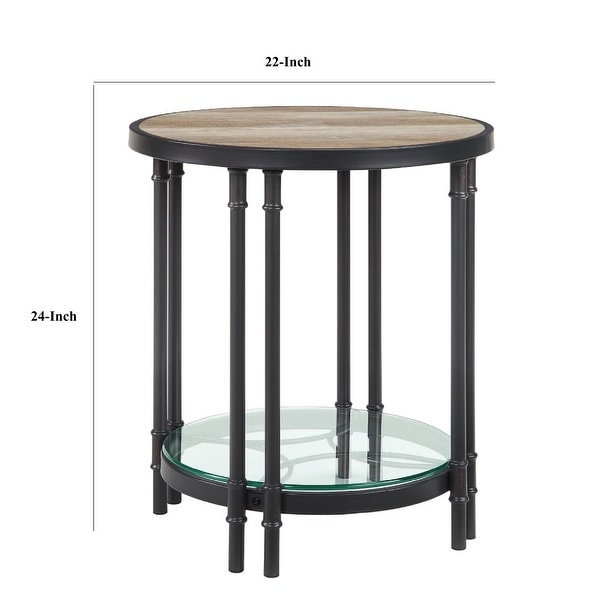 Ley 22 Inch Wood End Table， Industrial Design， Tempered Glass， Oak