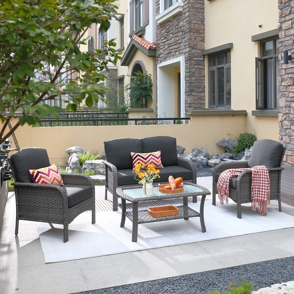 HOOOWOOO Outdoor 4piece Wicker Conversation Sofa Set with Glass Coffee Table