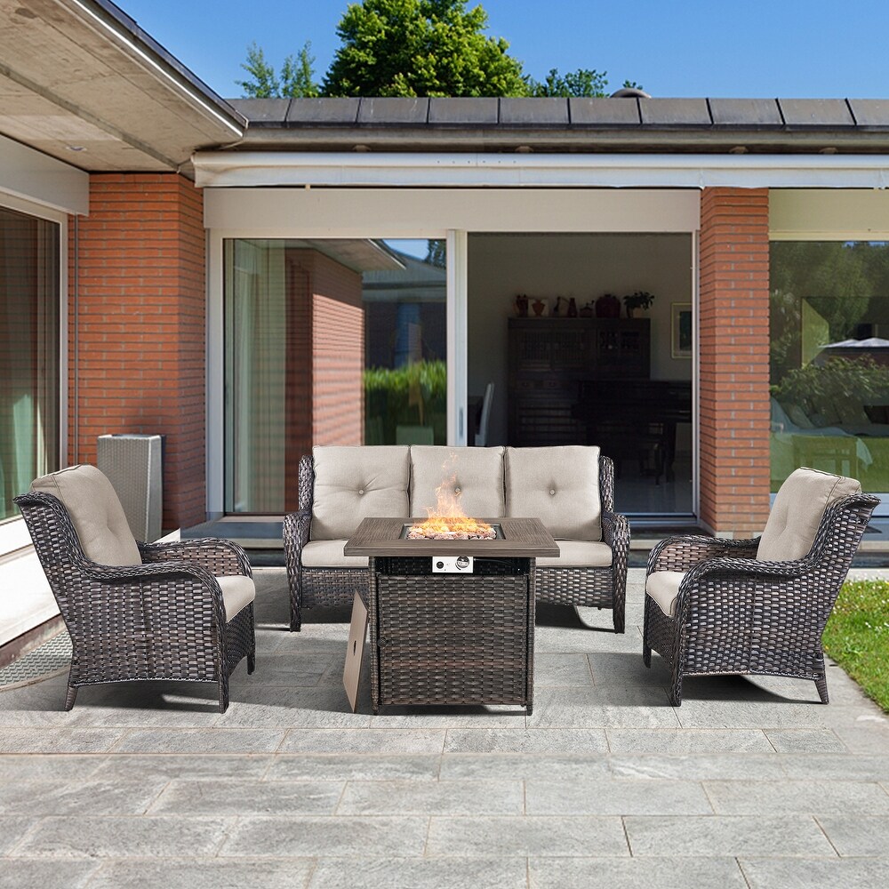 4 piece Outdoor Patio Sofa Chair Set With Fire Pit Table