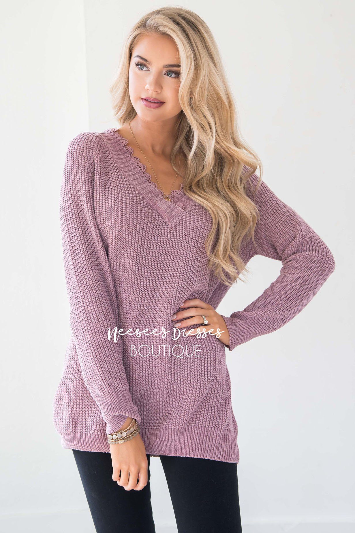 Chenille Knit V-Neck Lace Trim Sweater