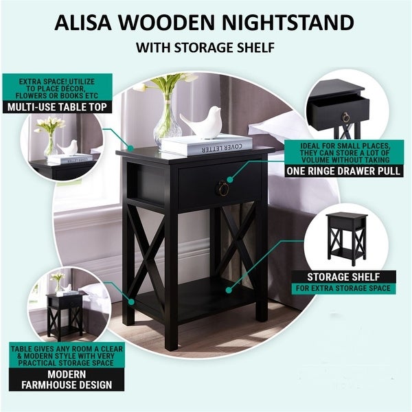 Alisa Bedside Table Set of 2 Night Stand Wooden End Tables Set of 2 Side Tables Bedroom Night Stands Bed Side Table/Night Stand - - 35754194