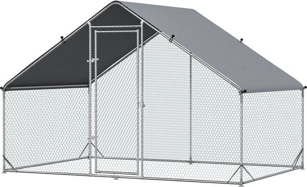 PawHut Walk-in Poultry Cage Galvanized Outdoor Metal Chicken Coop， Silver， Large